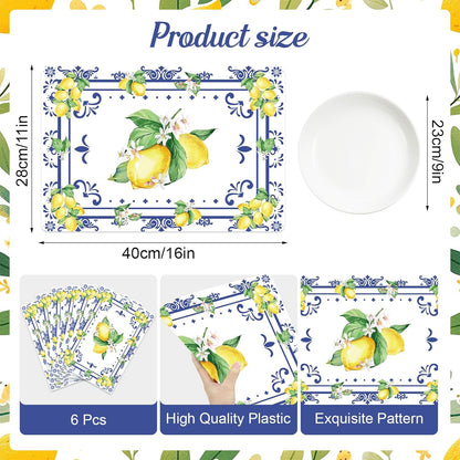 Summer Lemon Placemats Set of 6, 11 x 15.7 Inch Lemon Floral Plastic Placemat Washable Blue Chinoiserie Lemons Vinyl Table Mats for Seasonal Holiday Wedding Birthday Party Decoration