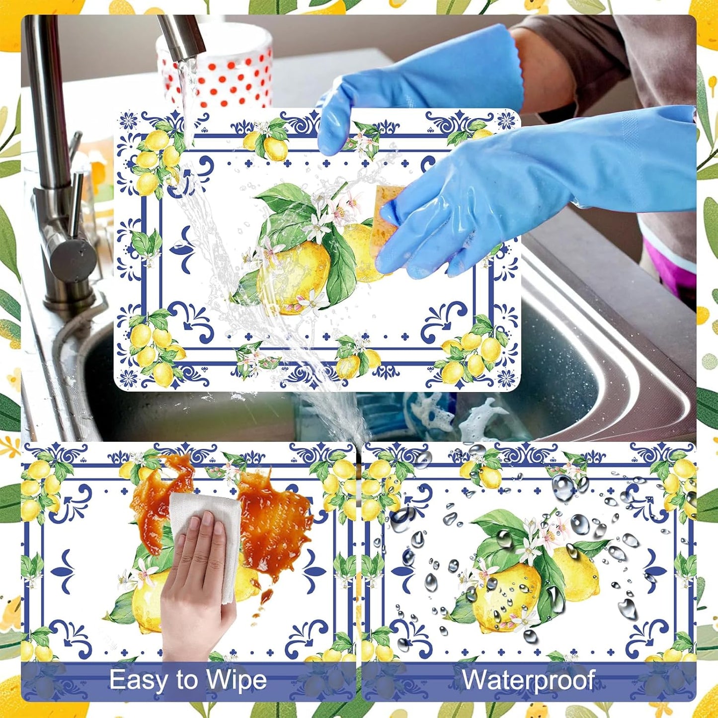 Summer Lemon Placemats Set of 6, 11 x 15.7 Inch Lemon Floral Plastic Placemat Washable Blue Chinoiserie Lemons Vinyl Table Mats for Seasonal Holiday Wedding Birthday Party Decoration
