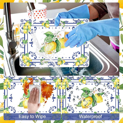 Summer Lemon Placemats Set of 6, 11 x 15.7 Inch Lemon Floral Plastic Placemat Washable Blue Chinoiserie Lemons Vinyl Table Mats for Seasonal Holiday Wedding Birthday Party Decoration