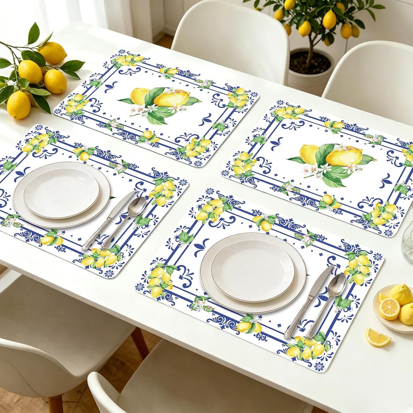 Summer Lemon Placemats Set of 6, 11 x 15.7 Inch Lemon Floral Plastic Placemat Washable Blue Chinoiserie Lemons Vinyl Table Mats for Seasonal Holiday Wedding Birthday Party Decoration