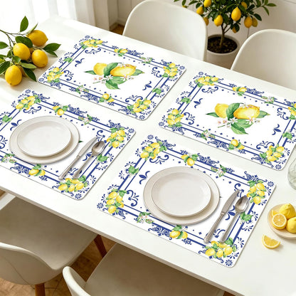 Summer Lemon Placemats Set of 6, 11 x 15.7 Inch Lemon Floral Plastic Placemat Washable Blue Chinoiserie Lemons Vinyl Table Mats for Seasonal Holiday Wedding Birthday Party Decoration