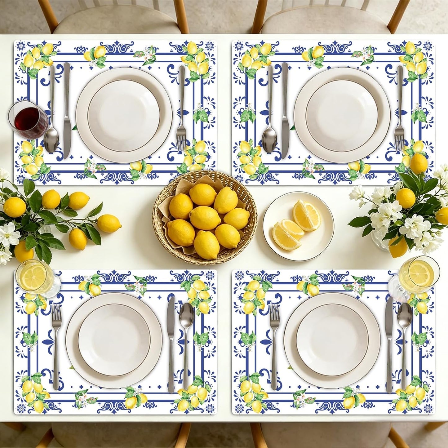 Summer Lemon Placemats Set of 6, 11 x 15.7 Inch Lemon Floral Plastic Placemat Washable Blue Chinoiserie Lemons Vinyl Table Mats for Seasonal Holiday Wedding Birthday Party Decoration