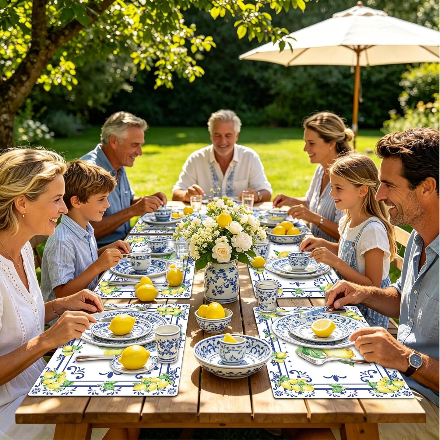 Summer Lemon Placemats Set of 6, 11 x 15.7 Inch Lemon Floral Plastic Placemat Washable Blue Chinoiserie Lemons Vinyl Table Mats for Seasonal Holiday Wedding Birthday Party Decoration