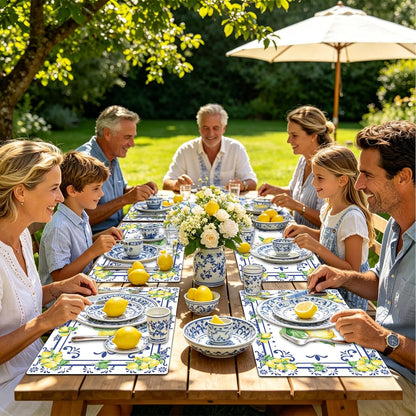 Summer Lemon Placemats Set of 6, 11 x 15.7 Inch Lemon Floral Plastic Placemat Washable Blue Chinoiserie Lemons Vinyl Table Mats for Seasonal Holiday Wedding Birthday Party Decoration