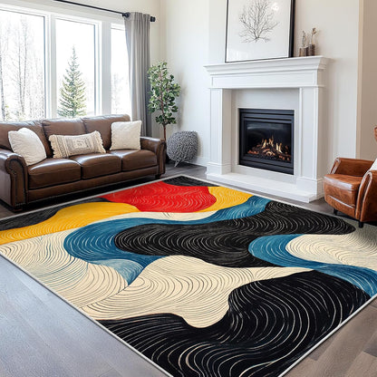 5x7 Colorful Area Rug Modern Abstract Black White Blue Beige Red Yellow Bedroom Rug Soft Low Pile Thin Large Carpet Living Room Non Slip Dining Room Stain Resistant Office Washable Machine