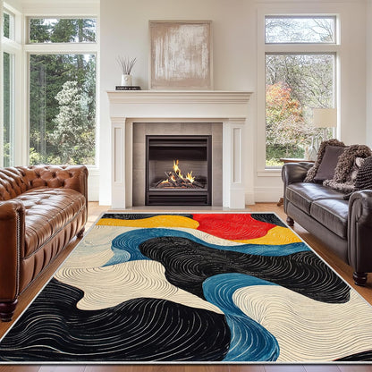 5x7 Colorful Area Rug Modern Abstract Black White Blue Beige Red Yellow Bedroom Rug Soft Low Pile Thin Large Carpet Living Room Non Slip Dining Room Stain Resistant Office Washable Machine