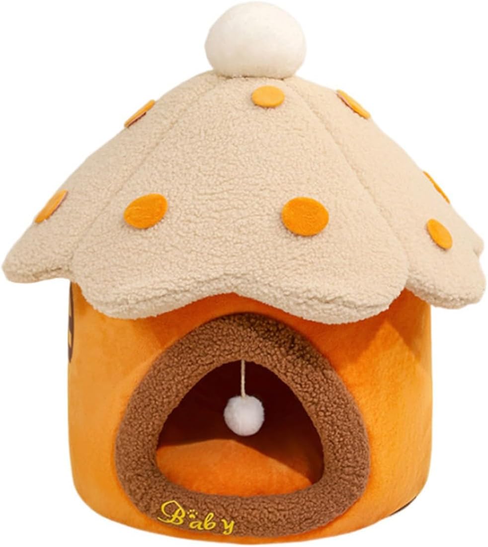 Christmas Mushroom Cat Bed Cave for Indoor Cats Small Dogs, Warm Holiday Pet House with Removable Cushion，Hideout Tent Gift(Yellow,M)