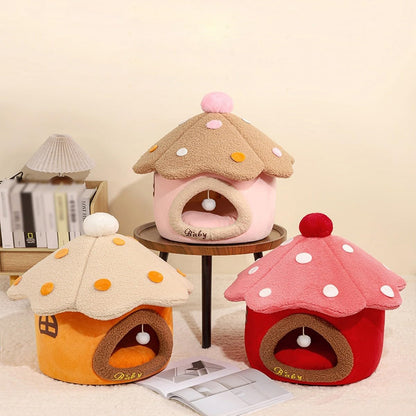 Christmas Mushroom Cat Bed Cave for Indoor Cats Small Dogs, Warm Holiday Pet House with Removable Cushion，Hideout Tent Gift(Yellow,M)