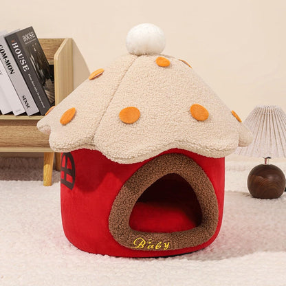 Christmas Mushroom Cat Bed Cave for Indoor Cats Small Dogs, Warm Holiday Pet House with Removable Cushion，Hideout Tent Gift(Yellow,M)