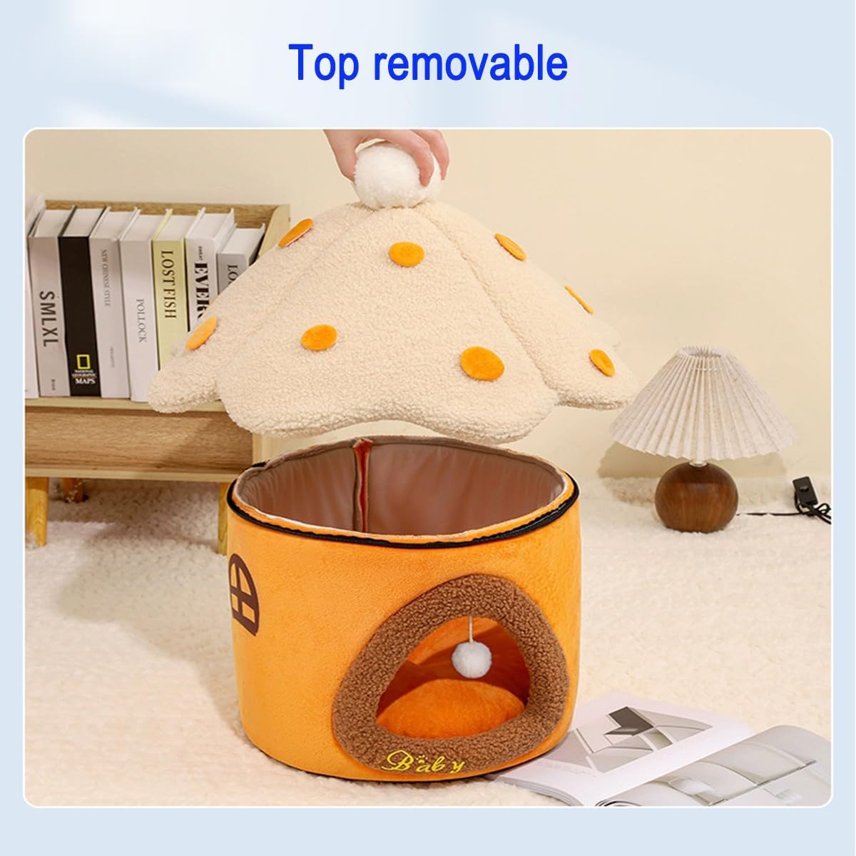 Christmas Mushroom Cat Bed Cave for Indoor Cats Small Dogs, Warm Holiday Pet House with Removable Cushion，Hideout Tent Gift(Yellow,M)
