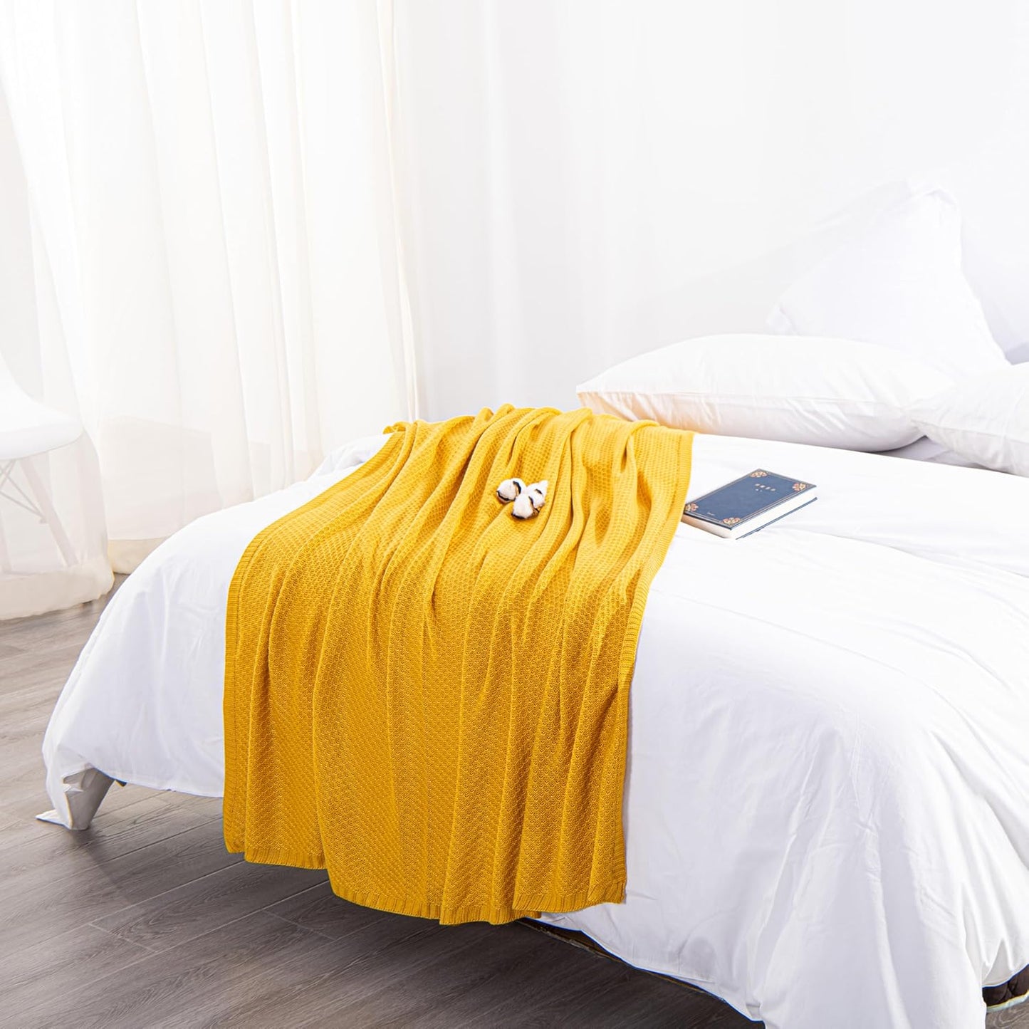 Cooling Throw Blanket, Cable Knit Rayon Derived from Bamboo Throw Blanket, Soft and Breathable Touch Bed Blanket, 51x67 Inches, Yellow