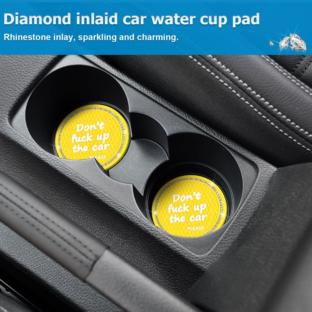 2PCS/Set Bling Car Cup Holder Coaster, Crystal Rhinestone Anti-Slip Vehicle Cup Coaster, Shockproof Automotive Interior Drink Insert Mat Pad Decor Accessories, Universal Fit (Yellow)