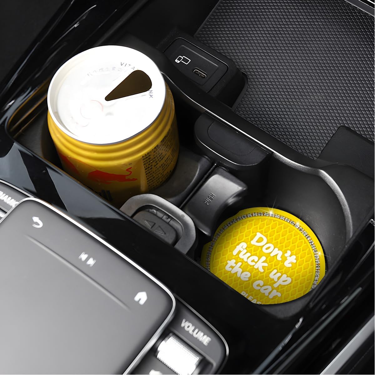 2PCS/Set Bling Car Cup Holder Coaster, Crystal Rhinestone Anti-Slip Vehicle Cup Coaster, Shockproof Automotive Interior Drink Insert Mat Pad Decor Accessories, Universal Fit (Yellow)