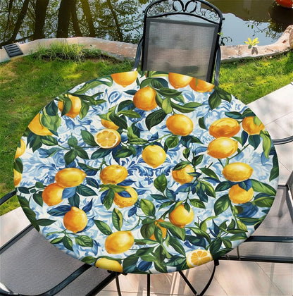 Round Fitted Tablecloth with Elastic Edge, Stain Resistant Waterproof Fabric Table Cover for 53"-60" Round Table, Indoor Outdoor Dining, Kitchen Decor, Camping, Holiday, Party, Lemon
