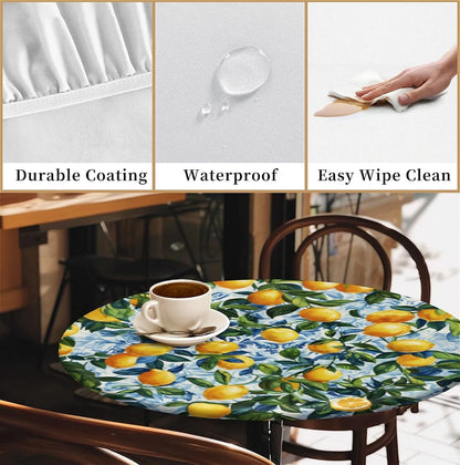 Round Fitted Tablecloth with Elastic Edge, Stain Resistant Waterproof Fabric Table Cover for 53"-60" Round Table, Indoor Outdoor Dining, Kitchen Decor, Camping, Holiday, Party, Lemon