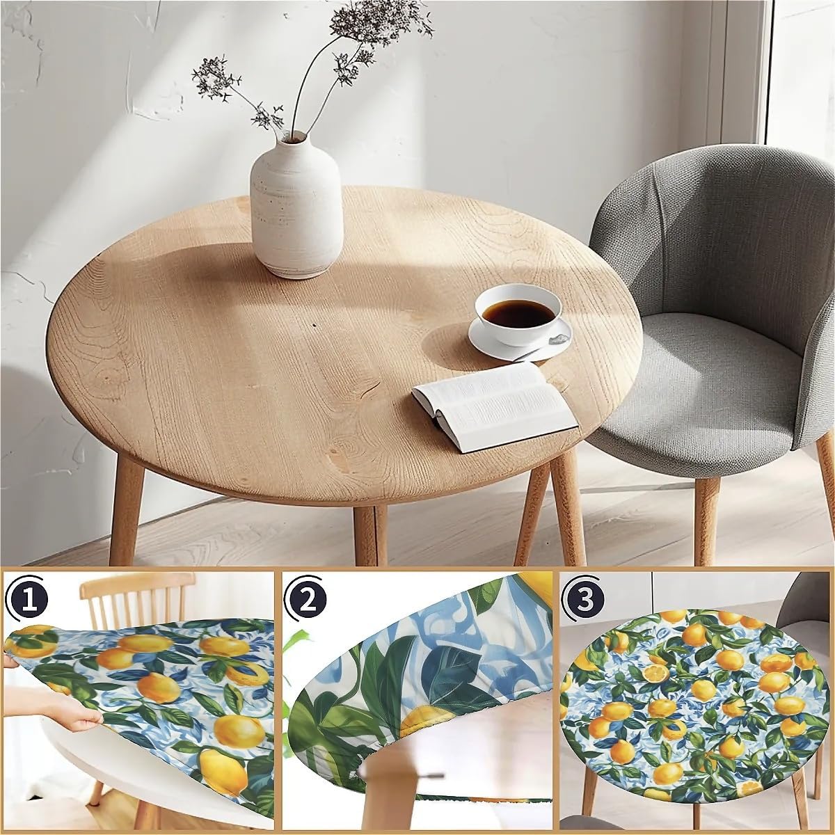 Round Fitted Tablecloth with Elastic Edge, Stain Resistant Waterproof Fabric Table Cover for 53"-60" Round Table, Indoor Outdoor Dining, Kitchen Decor, Camping, Holiday, Party, Lemon