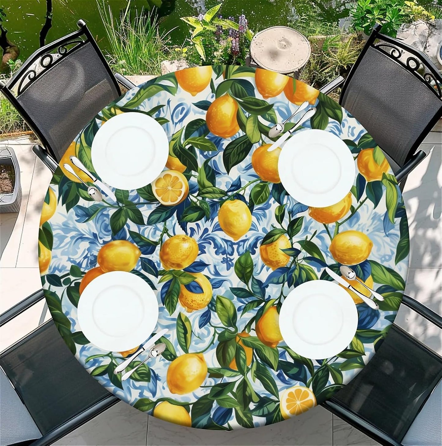 Round Fitted Tablecloth with Elastic Edge, Stain Resistant Waterproof Fabric Table Cover for 53"-60" Round Table, Indoor Outdoor Dining, Kitchen Decor, Camping, Holiday, Party, Lemon