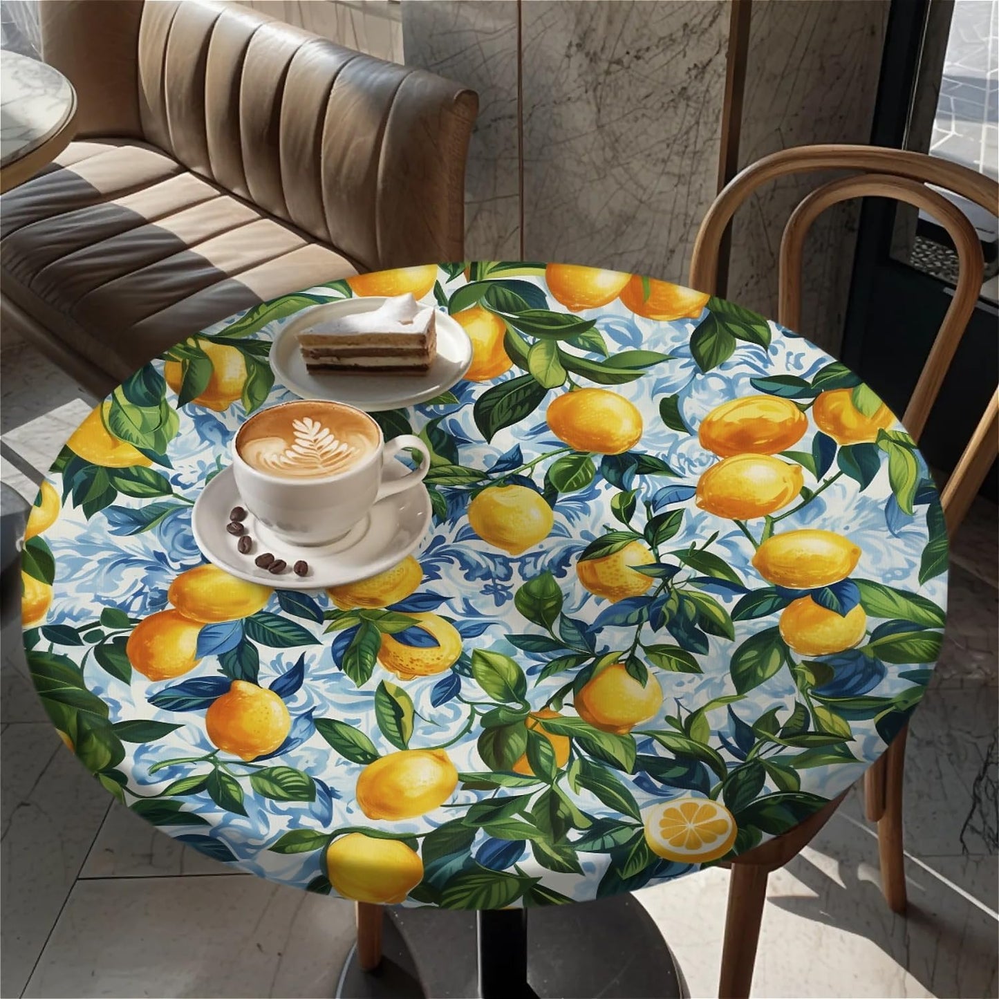 Round Fitted Tablecloth with Elastic Edge, Stain Resistant Waterproof Fabric Table Cover for 53"-60" Round Table, Indoor Outdoor Dining, Kitchen Decor, Camping, Holiday, Party, Lemon