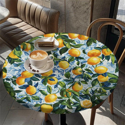 Round Fitted Tablecloth with Elastic Edge, Stain Resistant Waterproof Fabric Table Cover for 53"-60" Round Table, Indoor Outdoor Dining, Kitchen Decor, Camping, Holiday, Party, Lemon