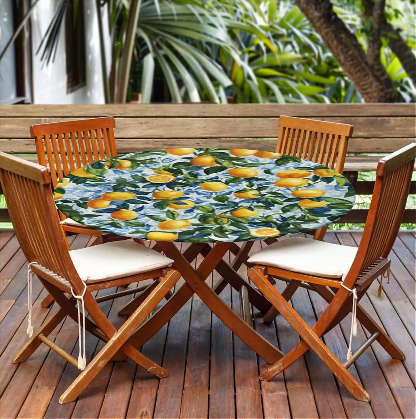 Round Fitted Tablecloth with Elastic Edge, Stain Resistant Waterproof Fabric Table Cover for 53"-60" Round Table, Indoor Outdoor Dining, Kitchen Decor, Camping, Holiday, Party, Lemon
