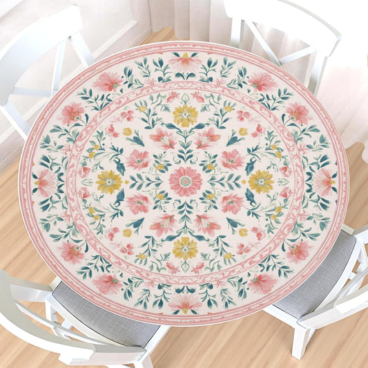 Boho Round Fitted Tablecloth with Elastic Edge,Water-Resistant Vintage Spring Light Pink Green Yellow Floral for 40-44" Found Tables Pastoral Flowers Leaf Table Cloth for Dinner,Outdoor,Patio