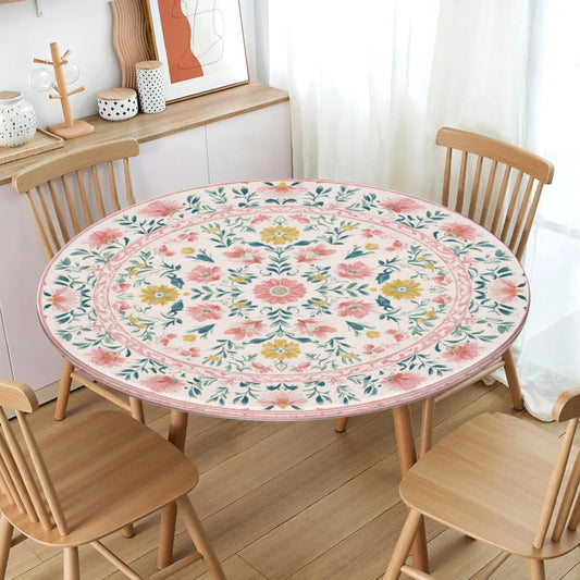 Boho Round Fitted Tablecloth with Elastic Edge,Water-Resistant Vintage Spring Light Pink Green Yellow Floral for 40-44" Found Tables Pastoral Flowers Leaf Table Cloth for Dinner,Outdoor,Patio