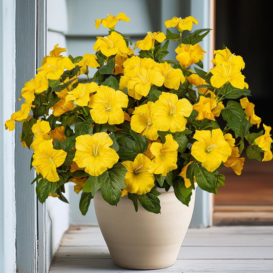 Artificial Fall Flowers Fake Petunias Plants for Outdoor,4 Pcs Yellow | UV Resistant Realistic Faux Plastic Silk Flowers for Outdoor planters Autumn Garden Porch Front Patio Window Box Decor