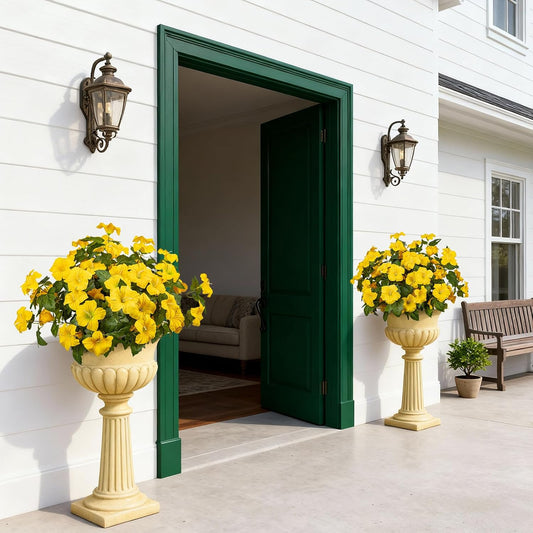 Artificial Fall Flowers Fake Petunias Plants for Outdoor,4 Pcs Yellow | UV Resistant Realistic Faux Plastic Silk Flowers for Outdoor planters Autumn Garden Porch Front Patio Window Box Decor