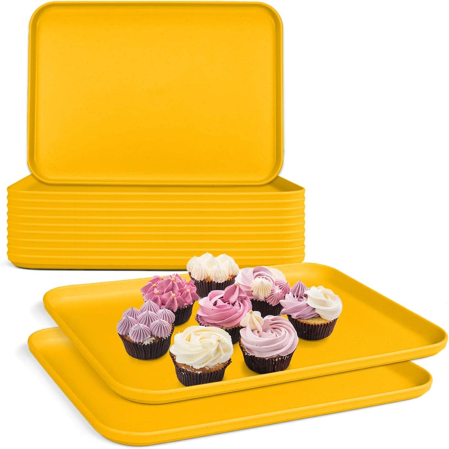 Plastic Serving Trays, 12 Pack Cafeteria Trays Plastic Fast Food Tray for DIY Projects, Painting, Beads, Organizing Supply, 9.4 X 6.7 X 0.6 Inches (Yellow)