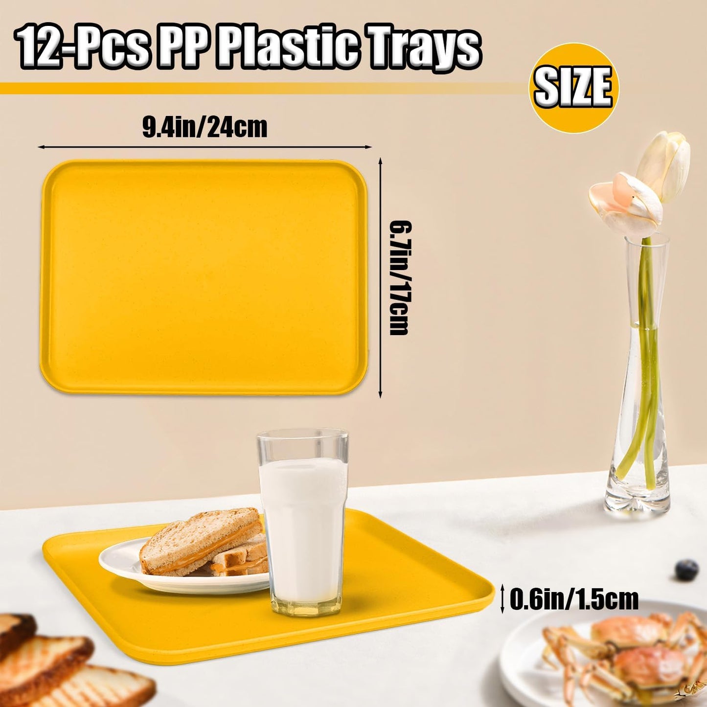 Plastic Serving Trays, 12 Pack Cafeteria Trays Plastic Fast Food Tray for DIY Projects, Painting, Beads, Organizing Supply, 9.4 X 6.7 X 0.6 Inches (Yellow)