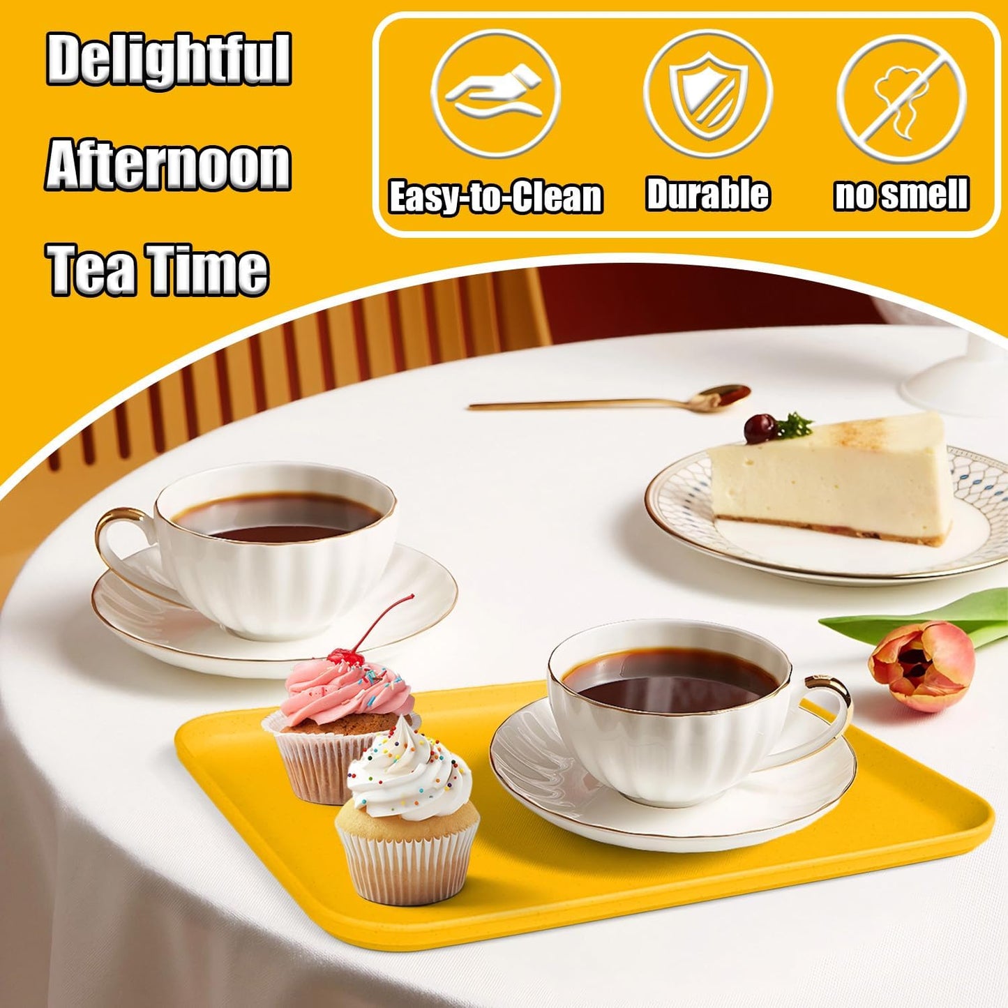 Plastic Serving Trays, 12 Pack Cafeteria Trays Plastic Fast Food Tray for DIY Projects, Painting, Beads, Organizing Supply, 9.4 X 6.7 X 0.6 Inches (Yellow)