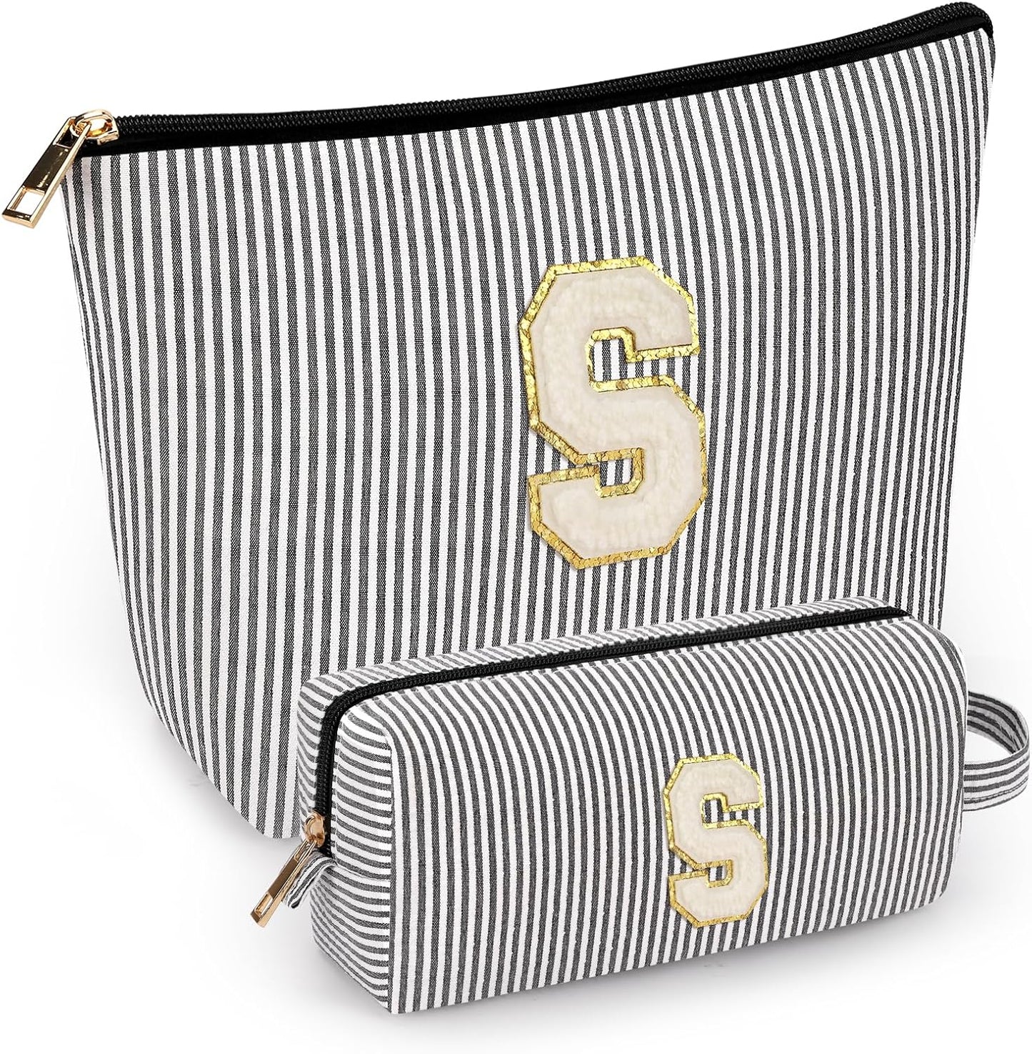 2 PCS Initial Makeup Bags for Women: Cosmetic Bag for Travel Toiletry - Birthday Gifts for 11 12 13 14 15 16 17 18 Years Old Girl Graduation Teacher Gift- Teen Girl Gifts Trendy Stuff - Yellow A