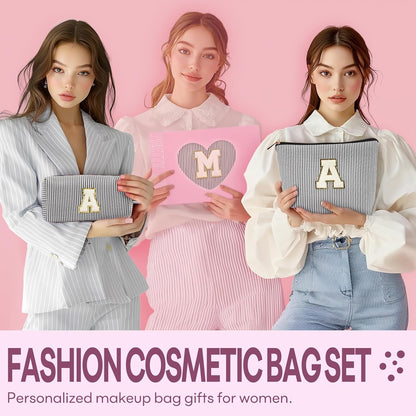 2 PCS Initial Makeup Bags for Women: Cosmetic Bag for Travel Toiletry - Birthday Gifts for 11 12 13 14 15 16 17 18 Years Old Girl Graduation Teacher Gift- Teen Girl Gifts Trendy Stuff - Yellow A