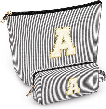2 PCS Initial Makeup Bags for Women: Cosmetic Bag for Travel Toiletry - Birthday Gifts for 11 12 13 14 15 16 17 18 Years Old Girl Graduation Teacher Gift- Teen Girl Gifts Trendy Stuff - Yellow A