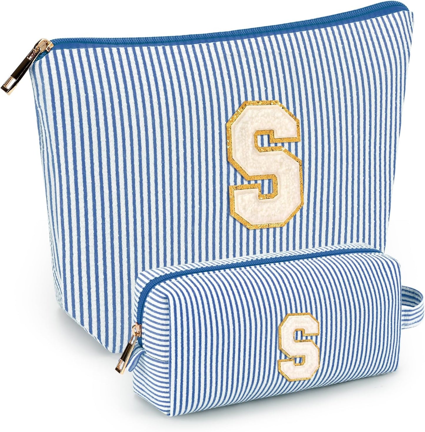 2 PCS Initial Makeup Bags for Women: Cosmetic Bag for Travel Toiletry - Birthday Gifts for 11 12 13 14 15 16 17 18 Years Old Girl Graduation Teacher Gift- Teen Girl Gifts Trendy Stuff - Yellow A