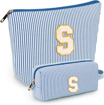 2 PCS Initial Makeup Bags for Women: Cosmetic Bag for Travel Toiletry - Birthday Gifts for 11 12 13 14 15 16 17 18 Years Old Girl Graduation Teacher Gift- Teen Girl Gifts Trendy Stuff - Yellow A