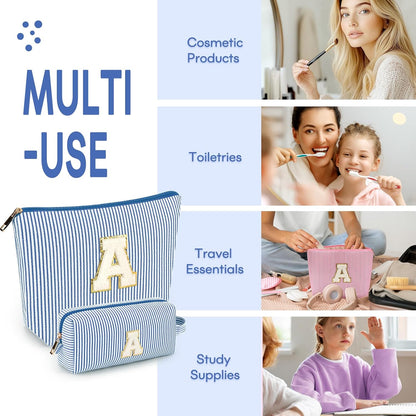 2 PCS Initial Makeup Bags for Women: Cosmetic Bag for Travel Toiletry - Birthday Gifts for 11 12 13 14 15 16 17 18 Years Old Girl Graduation Teacher Gift- Teen Girl Gifts Trendy Stuff - Yellow A