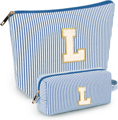2 PCS Initial Makeup Bags for Women: Cosmetic Bag for Travel Toiletry - Birthday Gifts for 11 12 13 14 15 16 17 18 Years Old Girl Graduation Teacher Gift- Teen Girl Gifts Trendy Stuff - Yellow A