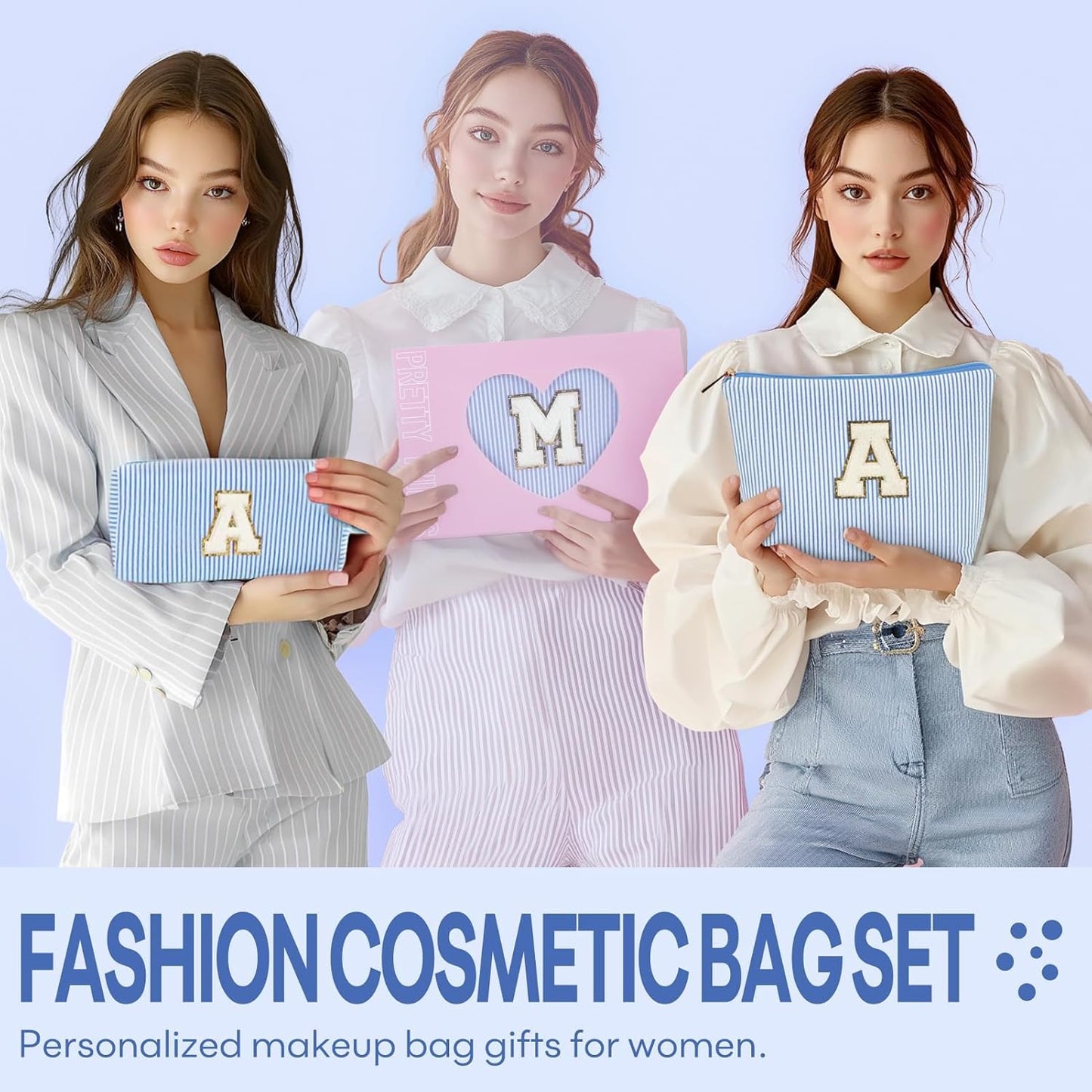 2 PCS Initial Makeup Bags for Women: Cosmetic Bag for Travel Toiletry - Birthday Gifts for 11 12 13 14 15 16 17 18 Years Old Girl Graduation Teacher Gift- Teen Girl Gifts Trendy Stuff - Yellow A