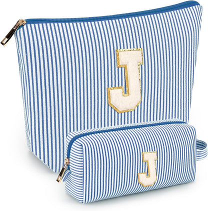2 PCS Initial Makeup Bags for Women: Cosmetic Bag for Travel Toiletry - Birthday Gifts for 11 12 13 14 15 16 17 18 Years Old Girl Graduation Teacher Gift- Teen Girl Gifts Trendy Stuff - Yellow A