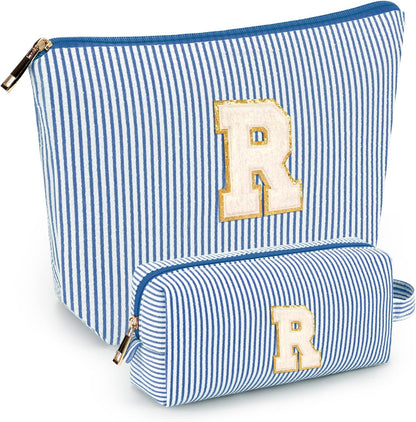 2 PCS Initial Makeup Bags for Women: Cosmetic Bag for Travel Toiletry - Birthday Gifts for 11 12 13 14 15 16 17 18 Years Old Girl Graduation Teacher Gift- Teen Girl Gifts Trendy Stuff - Yellow A