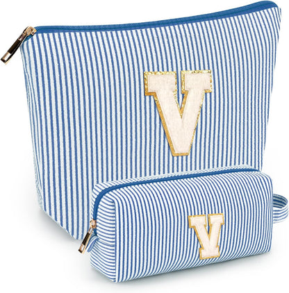 2 PCS Initial Makeup Bags for Women: Cosmetic Bag for Travel Toiletry - Birthday Gifts for 11 12 13 14 15 16 17 18 Years Old Girl Graduation Teacher Gift- Teen Girl Gifts Trendy Stuff - Yellow A