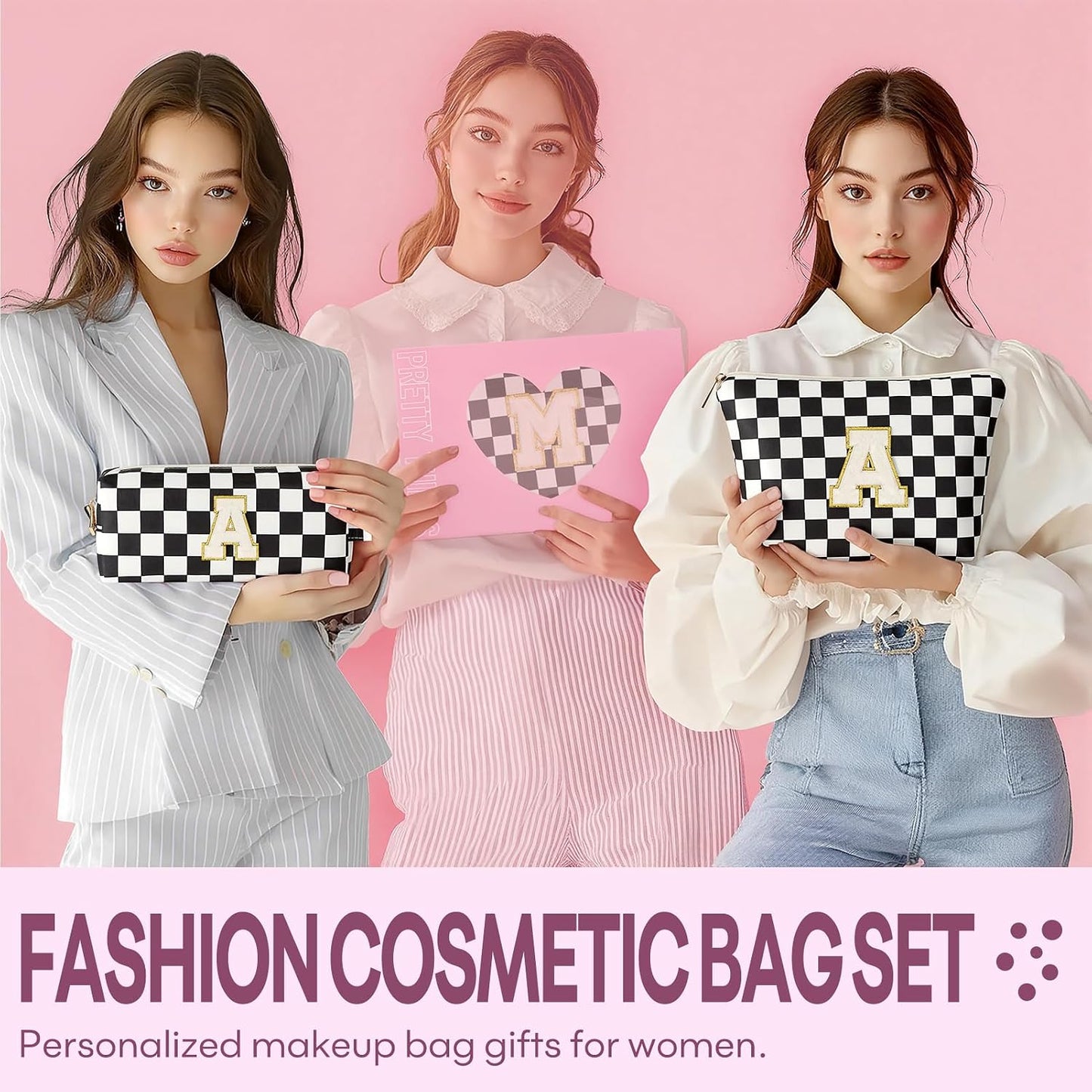 2 PCS Initial Makeup Bags for Women: Cosmetic Bag for Travel Toiletry - Birthday Gifts for 11 12 13 14 15 16 17 18 Years Old Girl Graduation Teacher Gift- Teen Girl Gifts Trendy Stuff - Yellow A