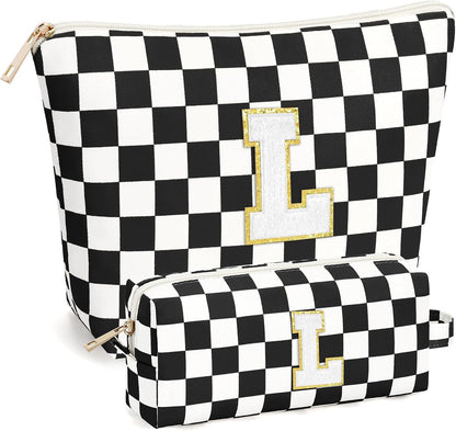 2 PCS Initial Makeup Bags for Women: Cosmetic Bag for Travel Toiletry - Birthday Gifts for 11 12 13 14 15 16 17 18 Years Old Girl Graduation Teacher Gift- Teen Girl Gifts Trendy Stuff - Yellow A