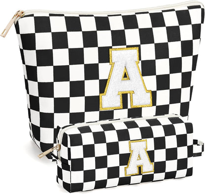 2 PCS Initial Makeup Bags for Women: Cosmetic Bag for Travel Toiletry - Birthday Gifts for 11 12 13 14 15 16 17 18 Years Old Girl Graduation Teacher Gift- Teen Girl Gifts Trendy Stuff - Yellow A