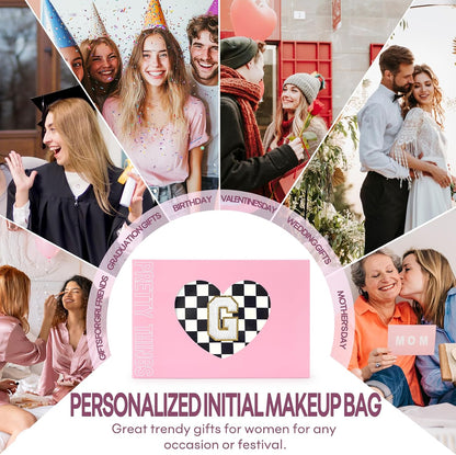 2 PCS Initial Makeup Bags for Women: Cosmetic Bag for Travel Toiletry - Birthday Gifts for 11 12 13 14 15 16 17 18 Years Old Girl Graduation Teacher Gift- Teen Girl Gifts Trendy Stuff - Yellow A