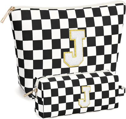 2 PCS Initial Makeup Bags for Women: Cosmetic Bag for Travel Toiletry - Birthday Gifts for 11 12 13 14 15 16 17 18 Years Old Girl Graduation Teacher Gift- Teen Girl Gifts Trendy Stuff - Yellow A