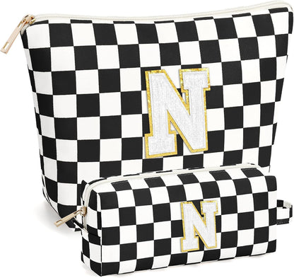 2 PCS Initial Makeup Bags for Women: Cosmetic Bag for Travel Toiletry - Birthday Gifts for 11 12 13 14 15 16 17 18 Years Old Girl Graduation Teacher Gift- Teen Girl Gifts Trendy Stuff - Yellow A