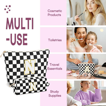 2 PCS Initial Makeup Bags for Women: Cosmetic Bag for Travel Toiletry - Birthday Gifts for 11 12 13 14 15 16 17 18 Years Old Girl Graduation Teacher Gift- Teen Girl Gifts Trendy Stuff - Yellow A