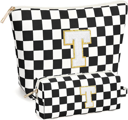 2 PCS Initial Makeup Bags for Women: Cosmetic Bag for Travel Toiletry - Birthday Gifts for 11 12 13 14 15 16 17 18 Years Old Girl Graduation Teacher Gift- Teen Girl Gifts Trendy Stuff - Yellow A
